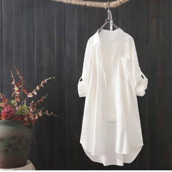 Белая рубашка Женская 2023 Весна Лето Корейские модные Простые однотонные Длинные рубашки Женские Свободные дышащие рубашки миди и блузки