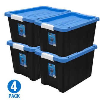 Пластиковый контейнер для хранения HART на 12 галлонов с защелкой, черный с синей крышкой, набор из 4