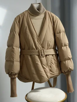 Пуховый хлопковый пояс с V-образным вырезом, Утолщенное пальто, Женский пуховик, Теплая одежда для женщин, Женская зимняя куртка для женщин