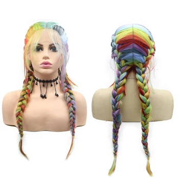 Sylvia Rainbow Color 2x Twist Braids Кружевной парик с детскими волосами Красный Оранжевый Желтый Зеленый Синий фиолетовый Термозащитные синтетические волосы