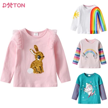 DXTON/ Футболка с рисунком кролика для девочек, Детская футболка с длинными рукавами, Осенне-весенние хлопковые повседневные топы, футболки с пайетками для девочек, Детская одежда