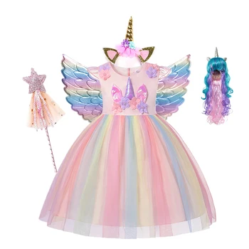 Детское платье с Единорогом для девочек, Нарядное платье принцессы с цветами и Радугой, Праздничное платье на День Рождения, костюм для выступлений на Хэллоуин, платье для девочек с Единорогом