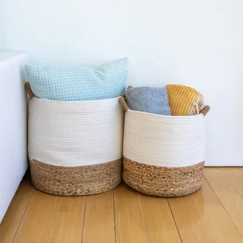 Набор из 2 натуральных круглых корзин для хранения, плетеной морской травы и катушечной веревки (XL + LG), натуральной и белой