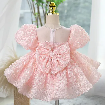Милое розовое платье для маленьких девочек с короткими пышными рукавами, платье для Первого Причастия Длиной до колен, Платья с цветочным узором для девочек, платье на День Рождения