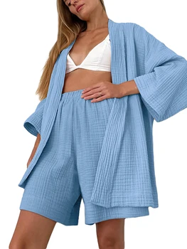Женский пижамный комплект с рукавами 3-4, шортами и поясом в тон - удобная одежда для сна и релаксации