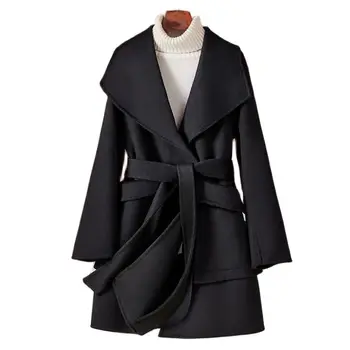 Высококачественное двустороннее шерстяное пальто, женская шерстяная куртка с темно-синим воротником, Кашемировая одежда, осень-зима, Элегантная офисная женская верхняя одежда