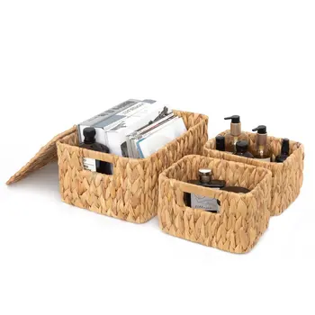 Красивые плетеные корзины для хранения водяных гиацинтов ручной работы с крышками, корзины из натуральной ткани, 3 упаковки