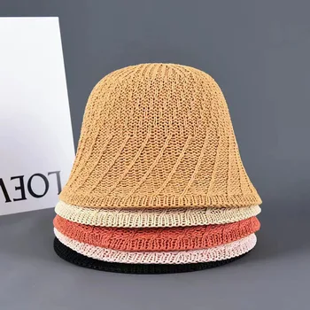 Летняя Полая Вязаная кепка-ведро, Женская солнцезащитная шляпа, Дышащая уличная широкополая шляпа для пляжного отдыха, Панама-ведро