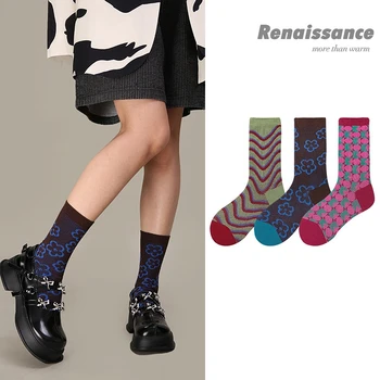 3 пары Винтажных полосатых носков с цветочным рисунком Абстрактное искусство Harajuku Хип-хоп Улицы Прилив Носок Красочные Счастливые Смешные женские носки