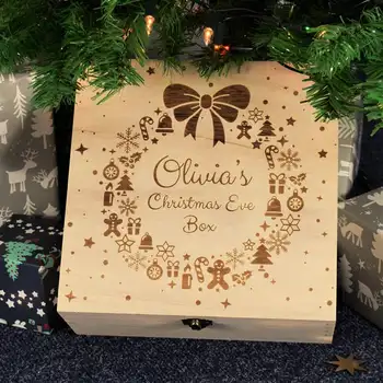 Шкатулка с гравировкой в канун Рождества - Изготовленная на заказ индивидуальная деревянная рождественская шкатулка для детей, готовая к наполнению подарками - 3 размера - Христос