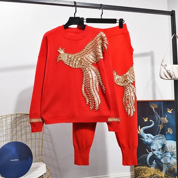 Модный комплект женских трикотажных спортивных костюмов с красным бисером и пайетками 