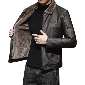 Новая толстая коричневая Кожаная куртка Мужская Зима Осень Мужская куртка Модное Ветрозащитное теплое пальто с воротником из искусственного меха Мужская Брендовая одежда