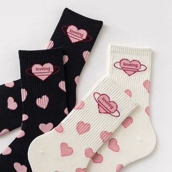 1 Пара Больших Розовых любовных черно-белых носков средней длины, милые студенческие носки для девочек JK в стиле Лолиты, простые модные носки