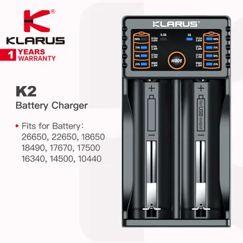 Зарядное устройство Klarus K2 с двумя слотами для аккумулятора фонарика, подходит для 26650, 22650, 18650, 18490, 17670, 17500, 16340, 14500, 10440, 163
