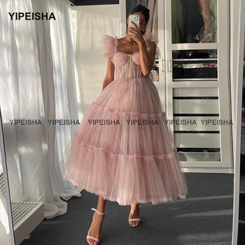 Yipeisha Розовые платья для выпускного вечера на тонких бретельках, Многоуровневое тюлевое платье для выпускного вечера с открытыми косточками, Платья для свадебных вечеринок длиной до чая