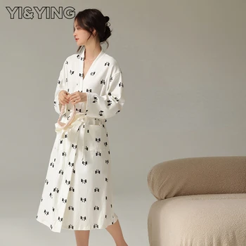 [YI & YING] Весенне-осенний хлопчатобумажный утренний халат с длинными рукавами, Женский халат для сна, хлопчатобумажная ночная рубашка средней длины WAZC153