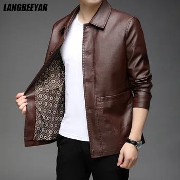Высококачественный Новый бренд, Дизайнерская повседневная модная коричневая куртка из искусственной кожи, Мужские байкерские классические пальто, мужская одежда 2023