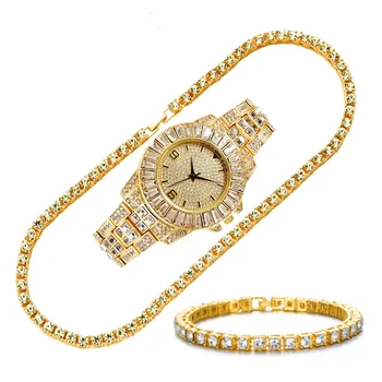 Женские Часы Iced Out, Мужское ожерелье, браслет, Колье со стразами, Теннисная цепочка, ювелирные изделия, Золотые часы в стиле Хип-хоп, женские часы