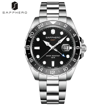 Мужские часы SAPPHERO 100M С водонепроницаемым корпусом из нержавеющей стали, Швейцарский кварцевый механизм, Модные Роскошные деловые наручные часы GMT Watch