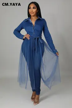 См. YAYA, женское джинсовое сетчатое платье макси в стиле пэчворк с длинным рукавом, рубашка, куртка, наряды