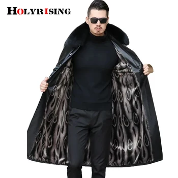 Мужское Длинное пальто из искусственной кожи, Мужская ветровка из плюша и утолщенной кожи, непромокаемый черный тренч с большим мехом, мужской тренч большого размера