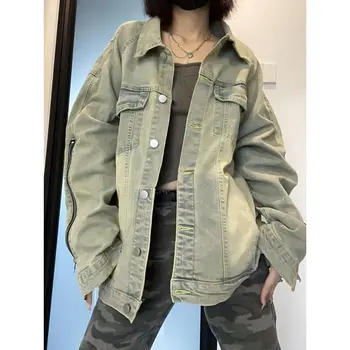 Новая винтажная демисезонная женская джинсовая куртка в стиле хип-хоп, уличная одежда, пальто на молнии Y2k, модное повседневное пальто с длинным рукавом, горячая распродажа