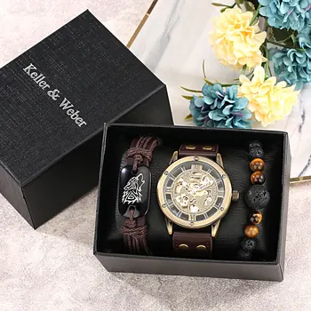 Роскошные подарочные наборы автоматических часов, мужские механические наручные часы в стиле стимпанк с бронзовым скелетом, браслеты из 2 предметов, подарки
