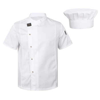 Мужская Женская кухонная рабочая униформа, пальто шеф-повара с коротким рукавом, ресторан отеля, столовая, пекарня, кафе, костюм повара, куртка со шляпой
