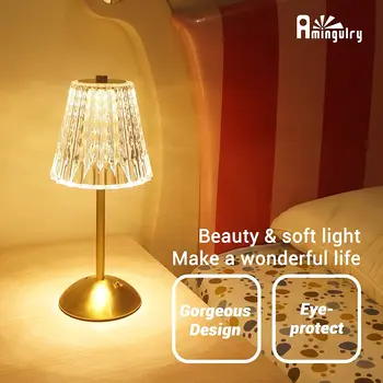 Хрустальная настольная лампа с регулируемой яркостью, 3 цвета, перезаряжаемая сенсорная лампа, маленькая лампа, прикроватная лампа, прикроватная настольная лампа подходит для спальни