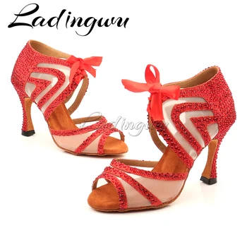 Женские танцевальные туфли Ladingwu с блестками и сеткой для латиноамериканских танцев для девочек, обувь для Сальсы, со стразами, синий, красный, черный