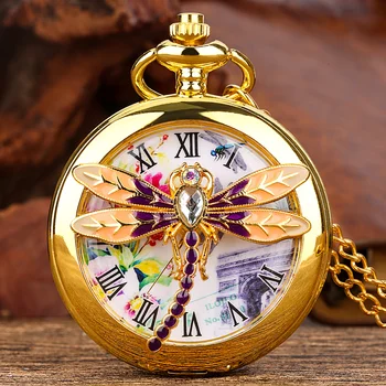 Кварцевые карманные часы Dragonfly, инкрустированные бриллиантами, Очаровательное ожерелье, женская цепочка с кулоном, Элегантные часы-брелок в тон платью