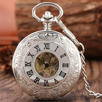 Элегантные Полые карманные часы в римском серебряном корпусе с двойным экраном, механические карманные часы для мужчин и женщин с цепочкой, Винтажный подарок для дедушки