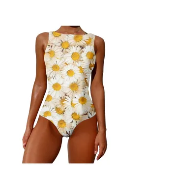 Цельный сексуальный купальник с бюстгальтером Kwaii, с цветочным рисунком хризантемы, Повседневные купальники, Пляжная спортивная одежда для плавания, женская одежда
