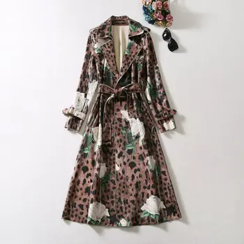 Европейская и американская женская одежда 2023, осенний новый костюм с длинным рукавом, воротник с леопардовым принтом, модный тренч с поясом и розами