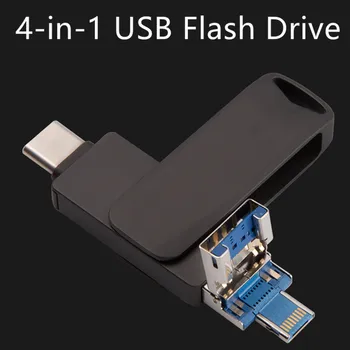 4-В-1 USB флэш-накопитель для iPhone 128 ГБ 256 ГБ Флешка 16 ГБ 32 ГБ 64 ГБ Флэш-диск 3.0 для USB-C / iPhone / iPad / Android / ПК