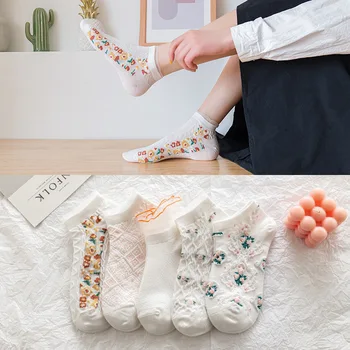 5 Пар/лот Винтажные женские носки с вышивкой в стиле Харадзюку, Японские милые носки Kawaii, Модная Уличная одежда, Кружевные носки-лодочки в стиле Лолиты с цветочным узором