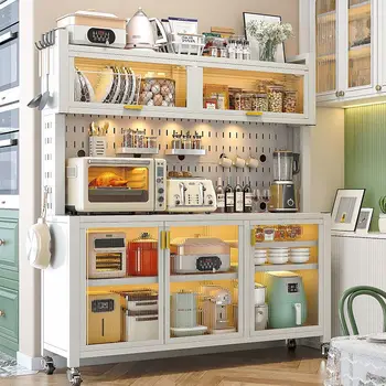 Кухонный шкаф для хранения еды в гостиной, Шкафчик с дверцей, Микроволновая печь, кастрюля, Напольный шкаф, Многофункциональный стеллаж для хранения