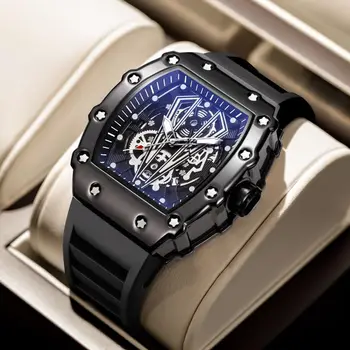 Роскошные мужские наручные часы Tonneau в стиле Милитари с полым циферблатом, светящиеся водонепроницаемые спортивные деловые кварцевые часы для мужчин и женщин с коробкой