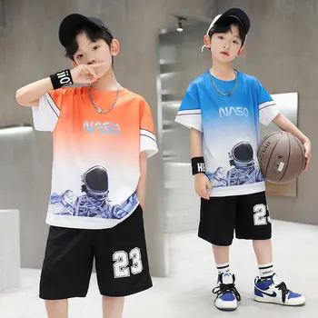 Летние быстросохнущие Баскетбольные Трикотажные Спортивные костюмы для мальчиков-подростков, детские Модные футболки из 2 предметов + Короткие штаны, Комплект одежды