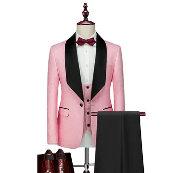 Официальные Мужские костюмы, комплект из 3 предметов, Жаккардовая черная шаль с цветочным рисунком, Смокинги Жениха для свадебной вечеринки, Блейзер, Жилет, Брюки
