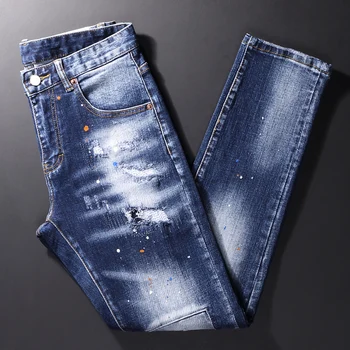 Уличная Мода, мужские джинсы, ретро Синие Эластичные облегающие рваные джинсы с принтом, Мужские заплатанные дизайнерские джинсовые брюки в стиле хип-хоп, Hombre