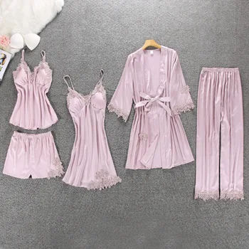 Женская пижама из 5 предметов, Атласная Пижама, Шелковая Домашняя одежда, Домашняя одежда с вышивкой, Пижама для сна с накладками на грудь