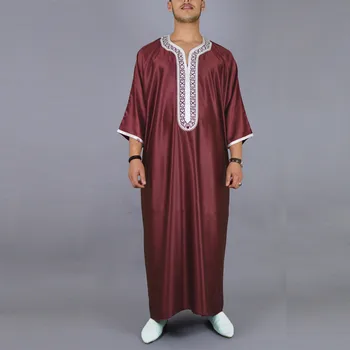 Мужской темно-красный мусульманский халат с вышивкой средней длины и коротким рукавом, приталенная социальная рубашка