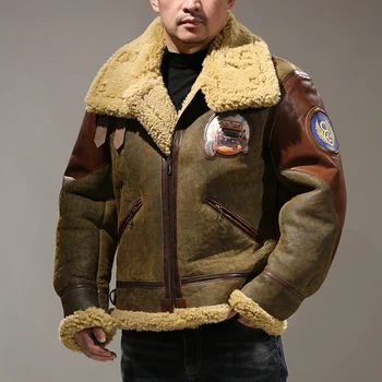 2265 Европейский Размер, высококачественное супер теплое пальто из натуральной овечьей кожи, Мужская куртка-бомбер из овечьей шерсти Большого размера B3, Военная меховая куртка