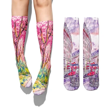 Модные женские хлопчатобумажные носки с рисунком в стиле ретро, Уличный пейзаж, Маленький городок, Средние носки-трубки, Harajuku, Рождественские счастливые носки