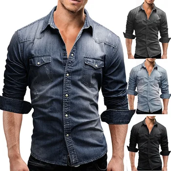 Мужская модная элегантная джинсовая рубашка с длинными рукавами и карманами, повседневные рубашки с лацканами для мужчин