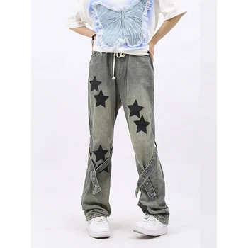 Джинсы HOUZHOU Y2K Star, Женские джинсовые брюки с вышивкой в стиле хип-хоп, Черные Свободные Повседневные брюки, Женский низ, Японская уличная одежда Хиппи