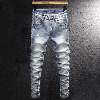 Модная Уличная одежда, мужские джинсы, ретро Светло-голубые эластичные облегающие рваные джинсы, мужские дизайнерские винтажные повседневные джинсовые брюки с вышивкой