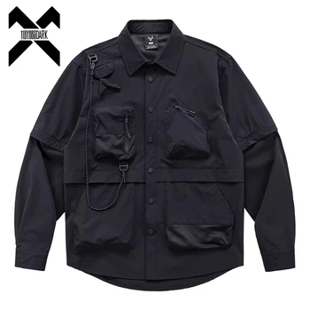 Хип-хоп Тактическая рубашка Мужская 2023, Функциональные Рубашки с длинным рукавом и несколькими карманами, Пальто, Рубашки карго в стиле Харадзюку, Черные Топы, Технологичная одежда