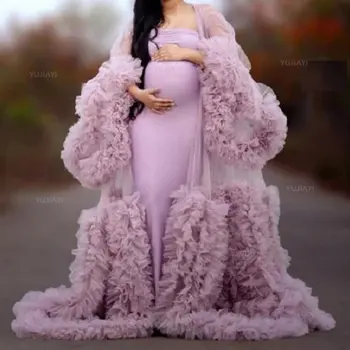 Фиолетовые платья для беременных, тюлевый халат, Перспективный прозрачный тюль, Длинные Халаты, Пушистая одежда для фотосессии беременных, Свадебные пижамы